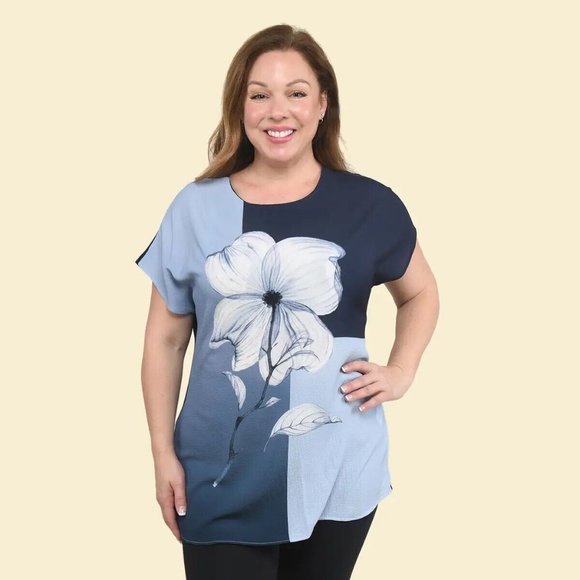 TAMSY BLUE Flower Pattern Breathable Round Neck Drop Sleeve Woven Knit Top-L - Picture 1 of 6